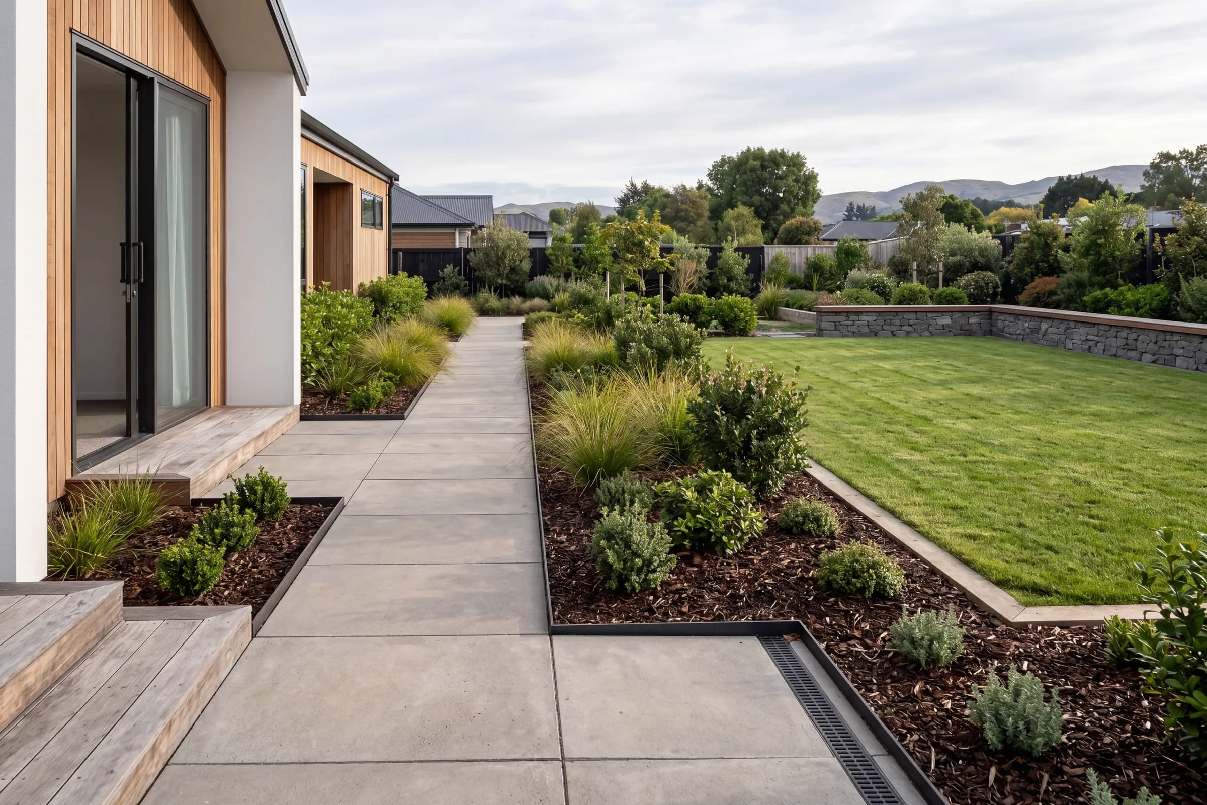 A landscaped outdoor environment with paving, planting and lawn in Canterbury