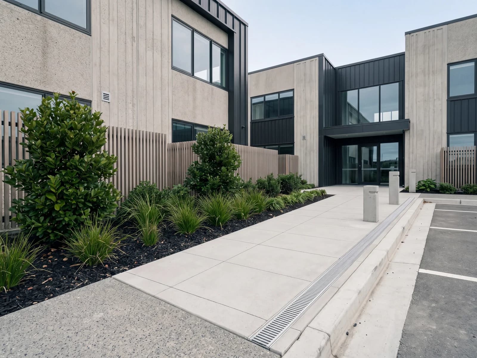 Modern commercial building entrance in Christchurch with landscaped garden beds, native planting and a concrete pathway.