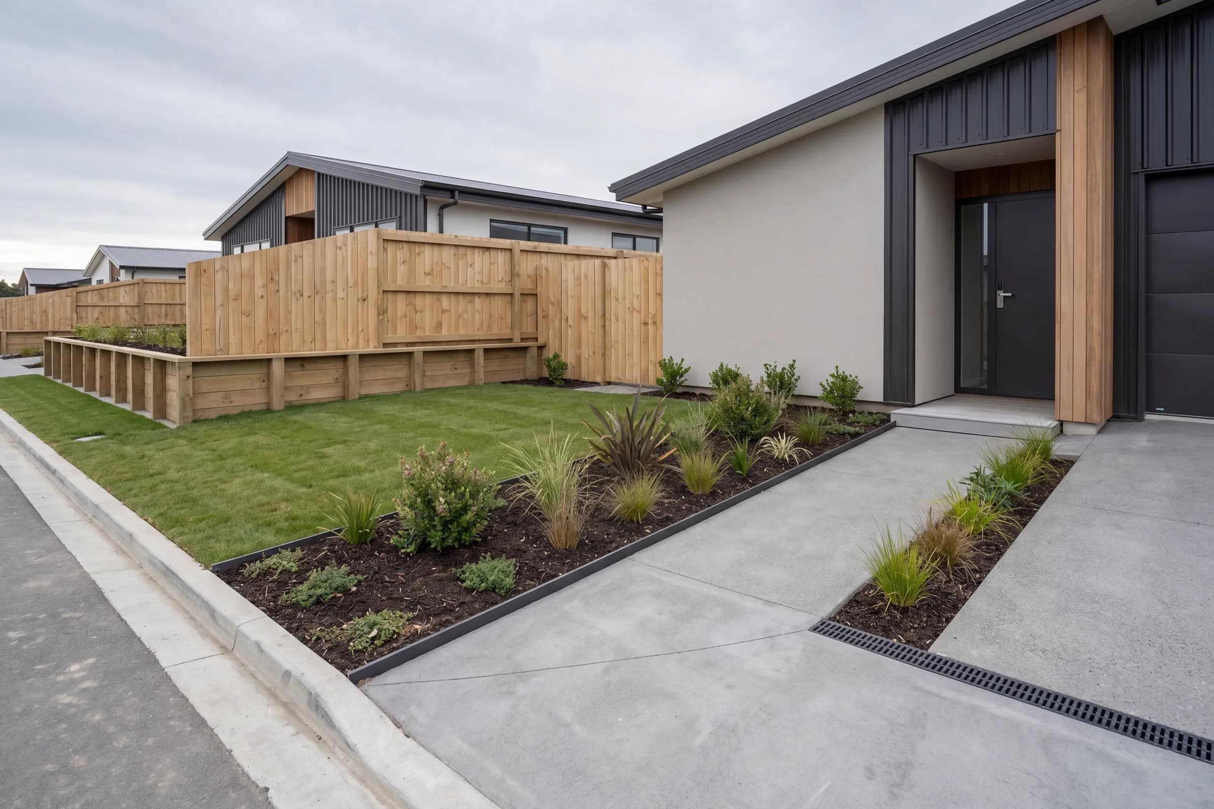 A finished new-build exterior with landscaping at handover