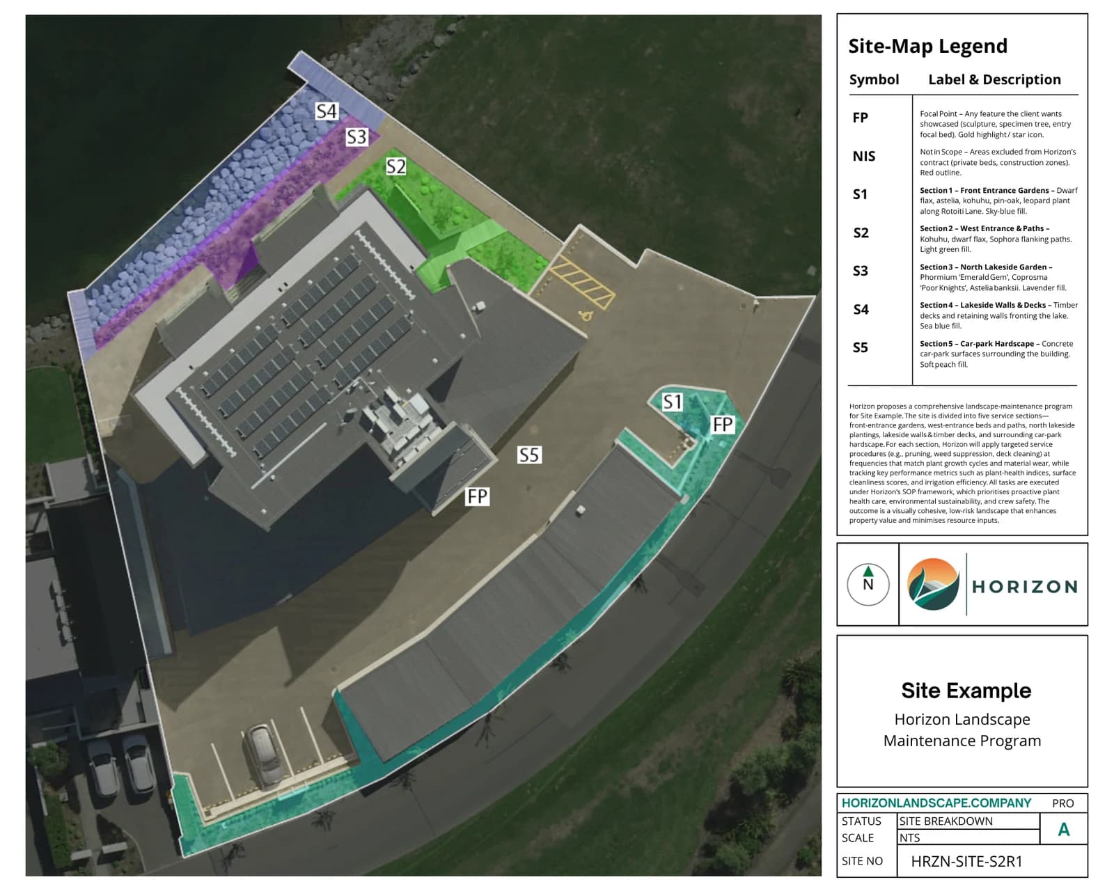 Aerial site drawing of a Horizon commercial maintenance program: the site divided into five colour-coded service sections with focal points, exclusion zones, plant schedules and a drawing title block.