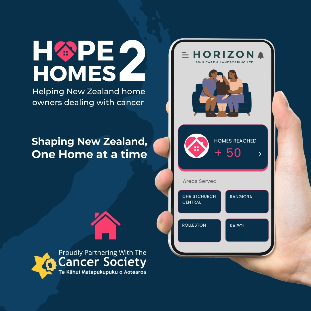 Phone displaying details about Horizon’s Hope to Homes initiative supporting Christchurch families.