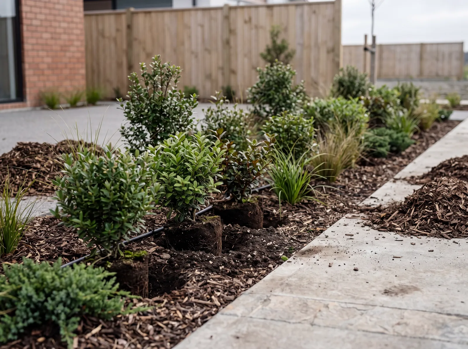 Finished planting bed with shrubs, grasses, mulch and pathway beside a timber fence.