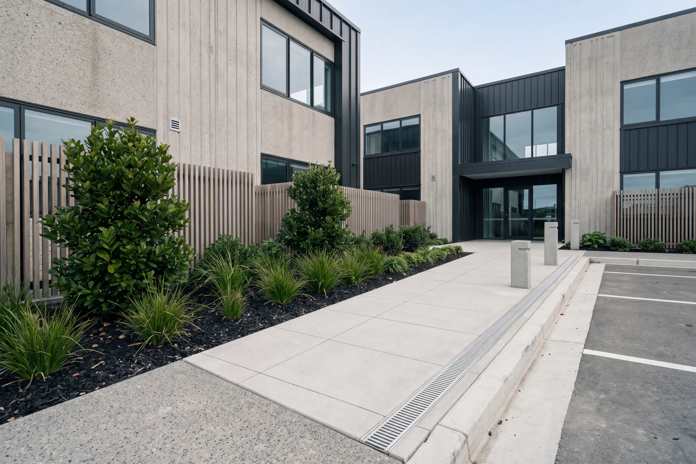 Modern commercial building frontage with concrete paving and structured planting.