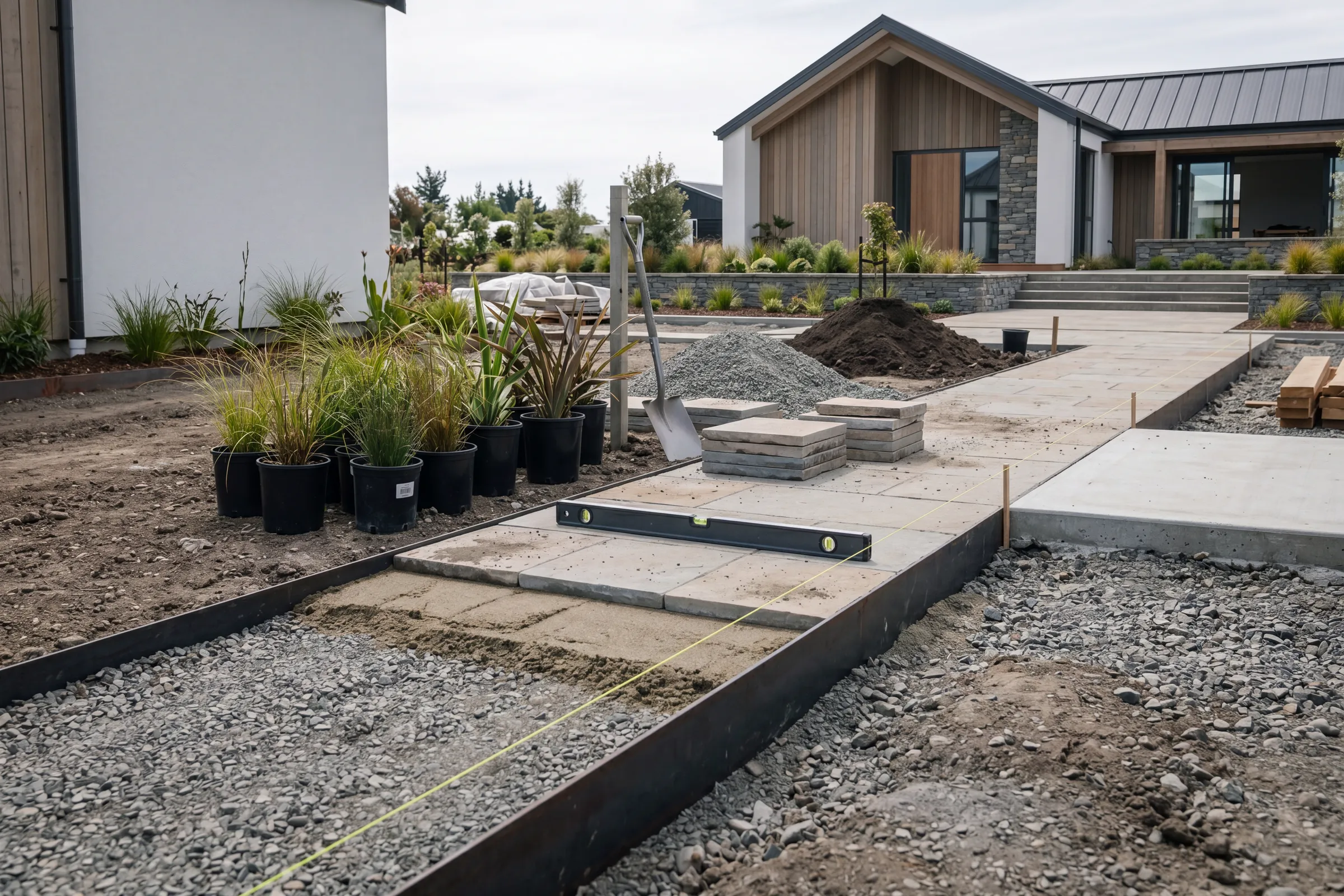 Landscape construction in progress with paving, planting and edging near a modern home.