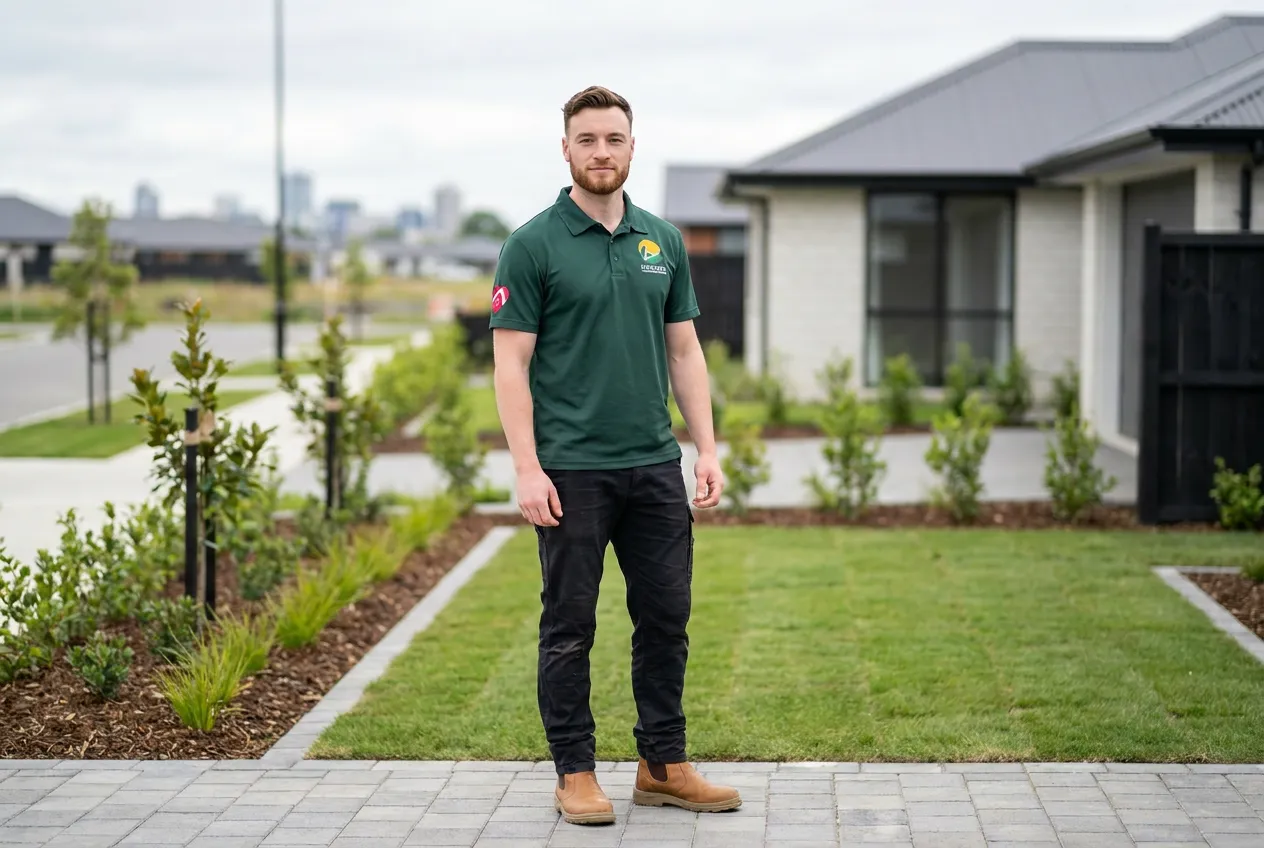 Horizon team member standing on a lawn and landscape project.