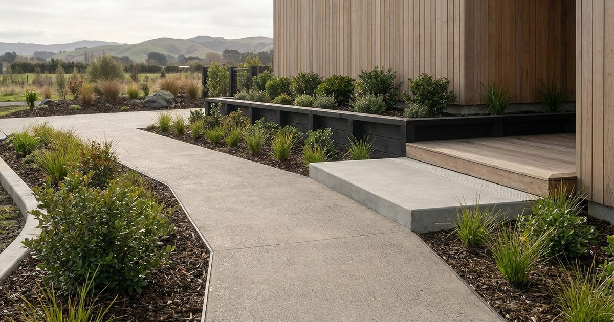 Finished concrete path with raised landscape edge and planting.