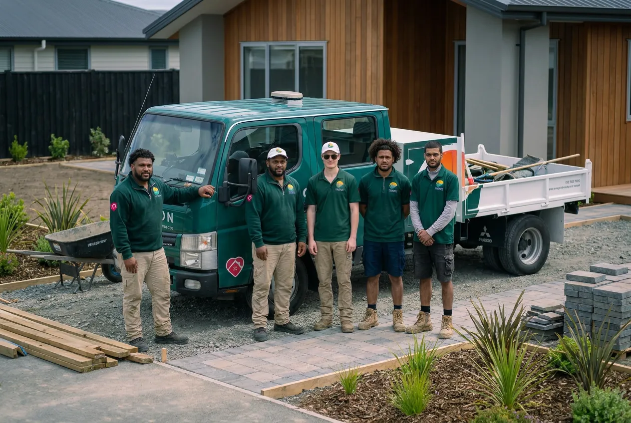 Horizon Landscape Construction and Care team standing with branded work vehicle.